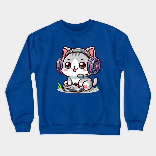 Cute Kitten Palying Game Console Crewneck Sweatshirt by Arief Uchiha